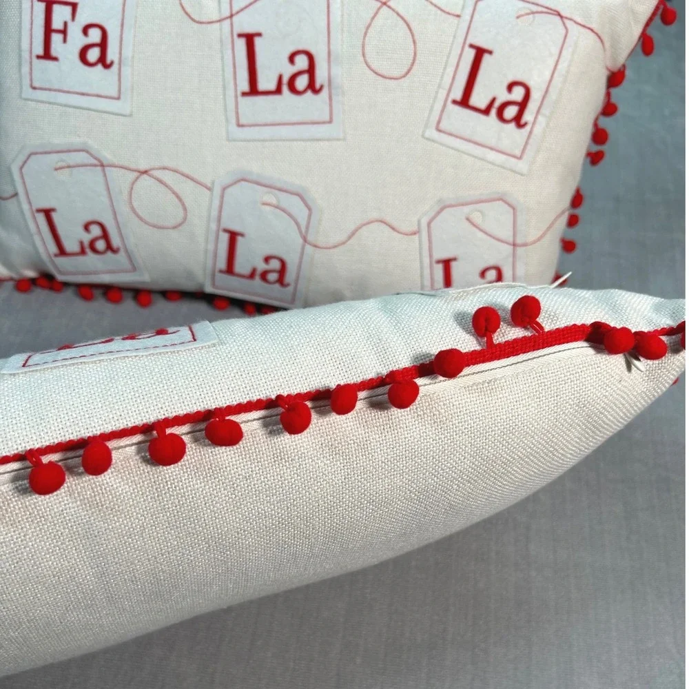 Christmas Holiday Fa La La Tea Bag Decorative Throw Pillow with Pom Poms Red Zip